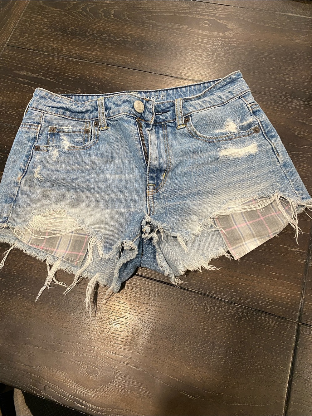 American Eagle Outfitters Light Blue Distressed Denim Shorts with Plaid Patch